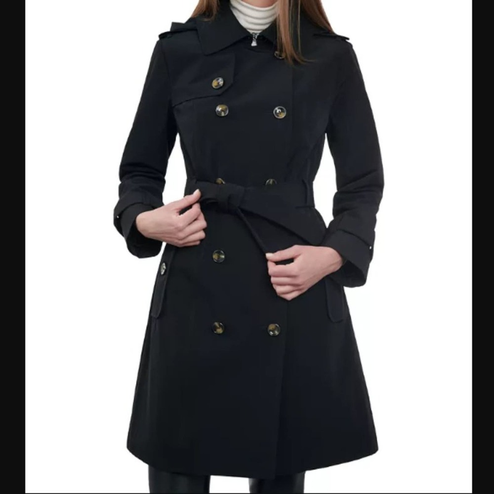 NWT LONDON FOG Womens Double-Breasted Hooded Trench Coat, Black, size 0X - Picture 1 of 11